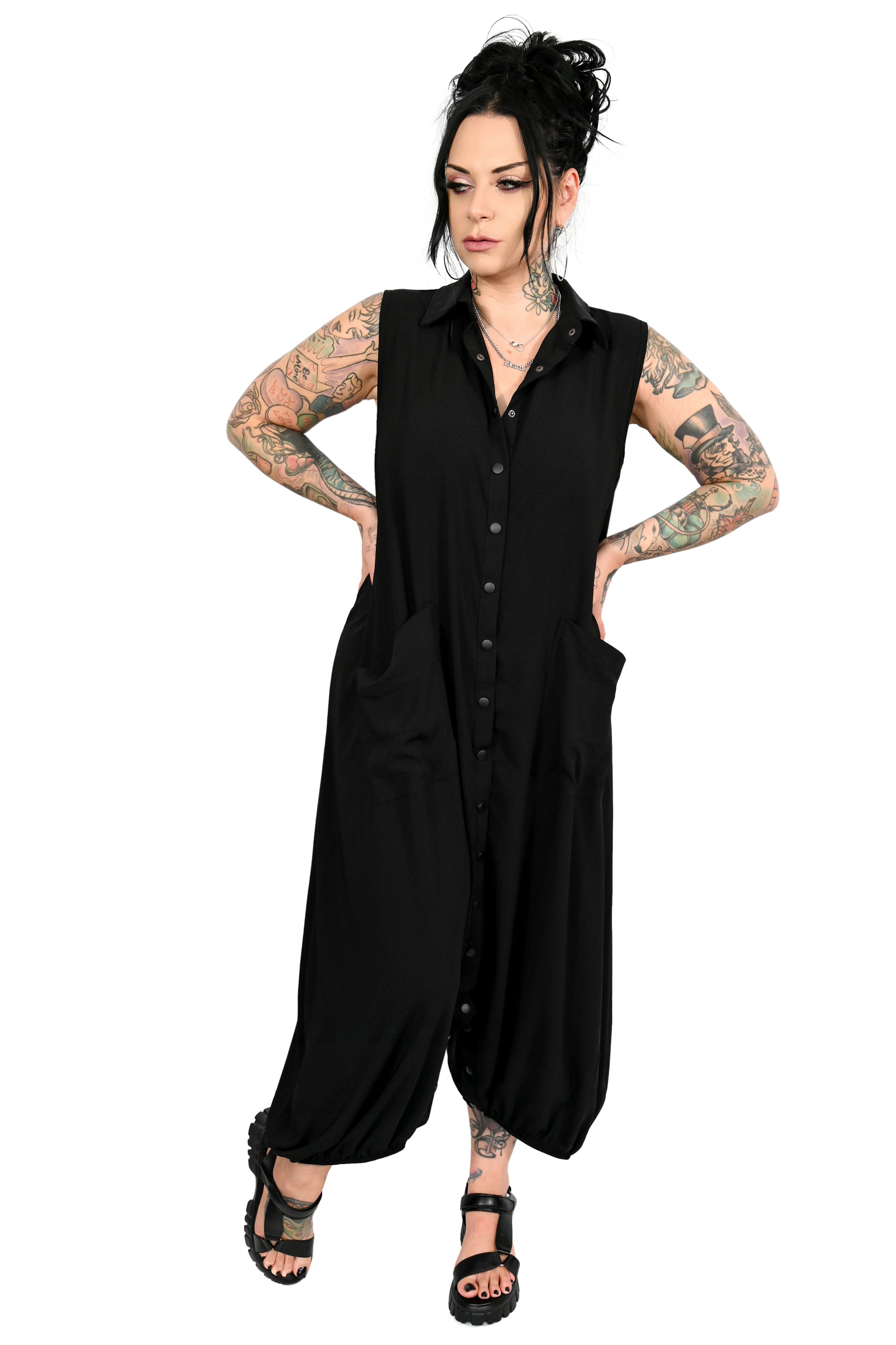 Black Button Down Jumpsuit with Pockets | SilkFred