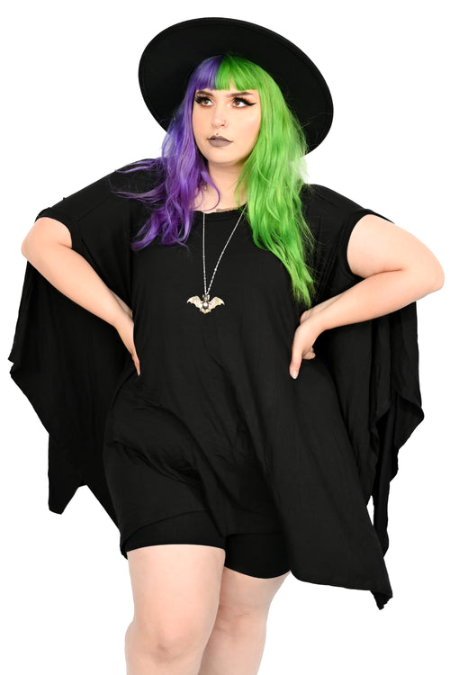 Super soft and stretchy cotton modal black tunic with draping fabric where sleeves would be
