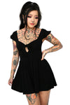 This all black romper features a tie front with small keyhole, and flattering flowing shorts. Smocked back for the perfect comfy fit. The tie front unties, but the keyhole is sewn shut, so the top does not open fully at the tie