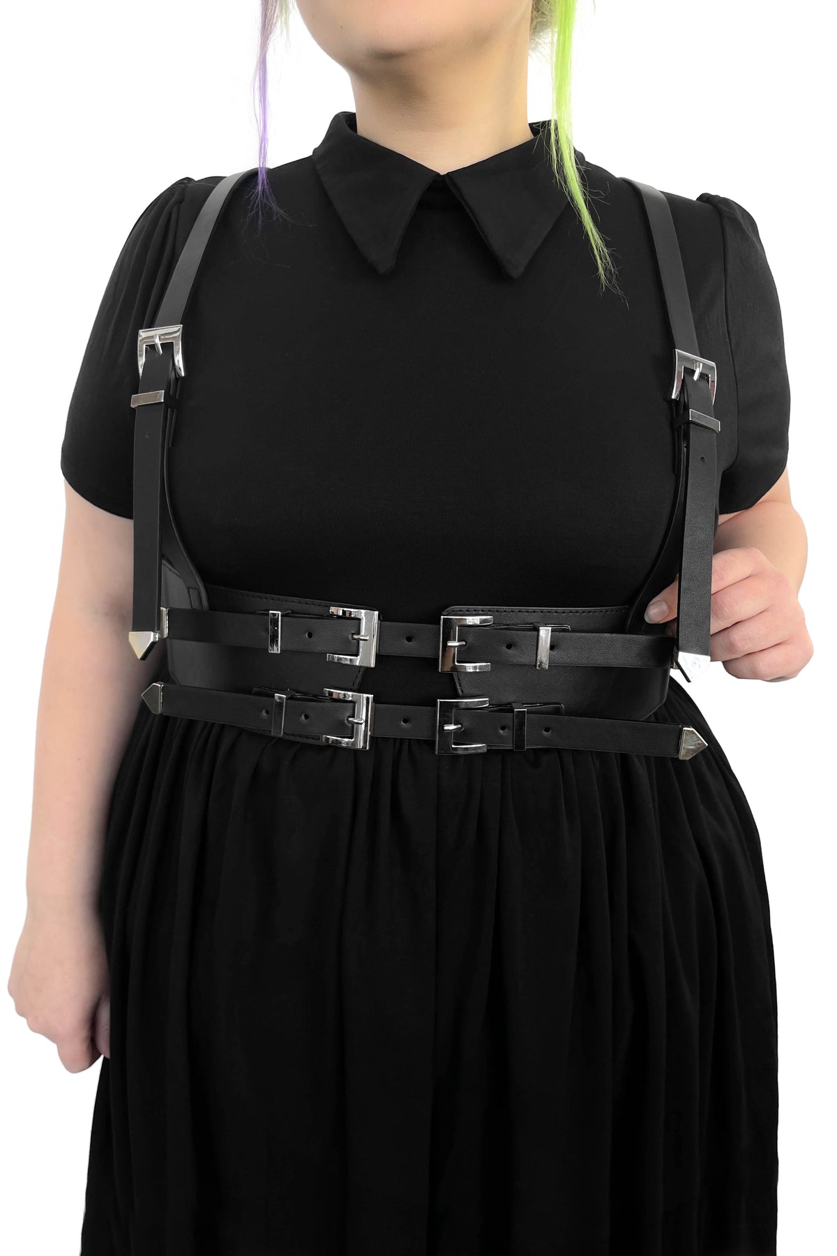 harness belt with elastic back, adjustable front and arm straps.