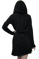 soft black open front cardigan with thumbholes and loose hood