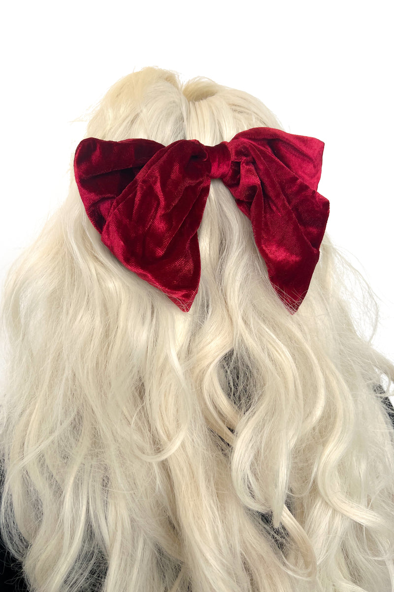 large soft red velvet hair bow on a barrette 