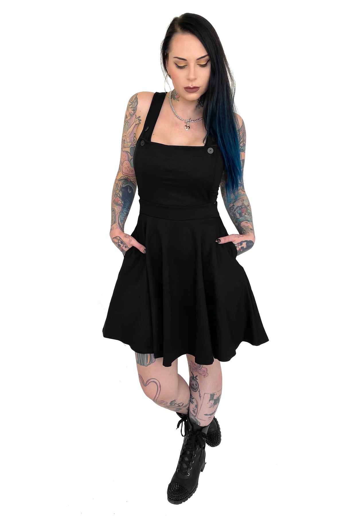 black pinafore short dress with pockets