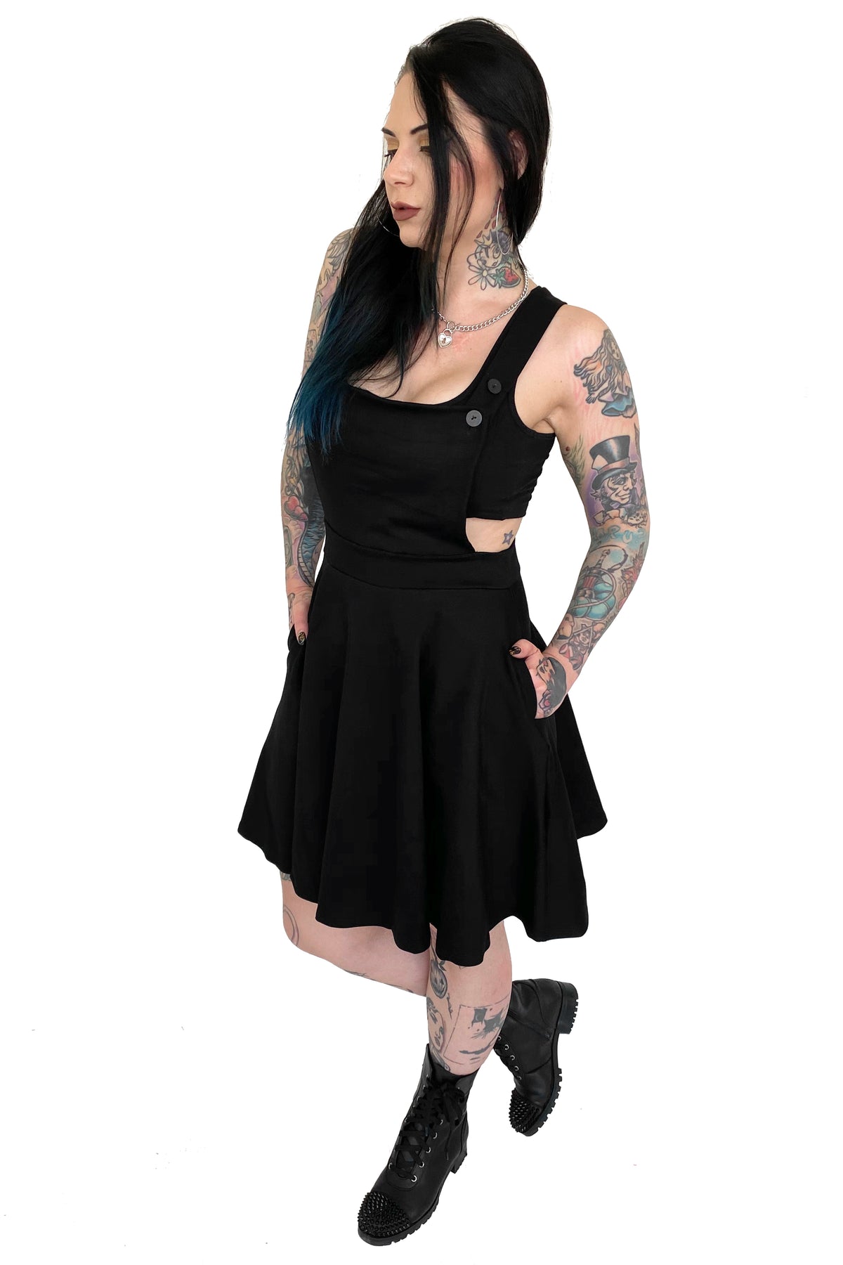black pinafore short dress with pockets