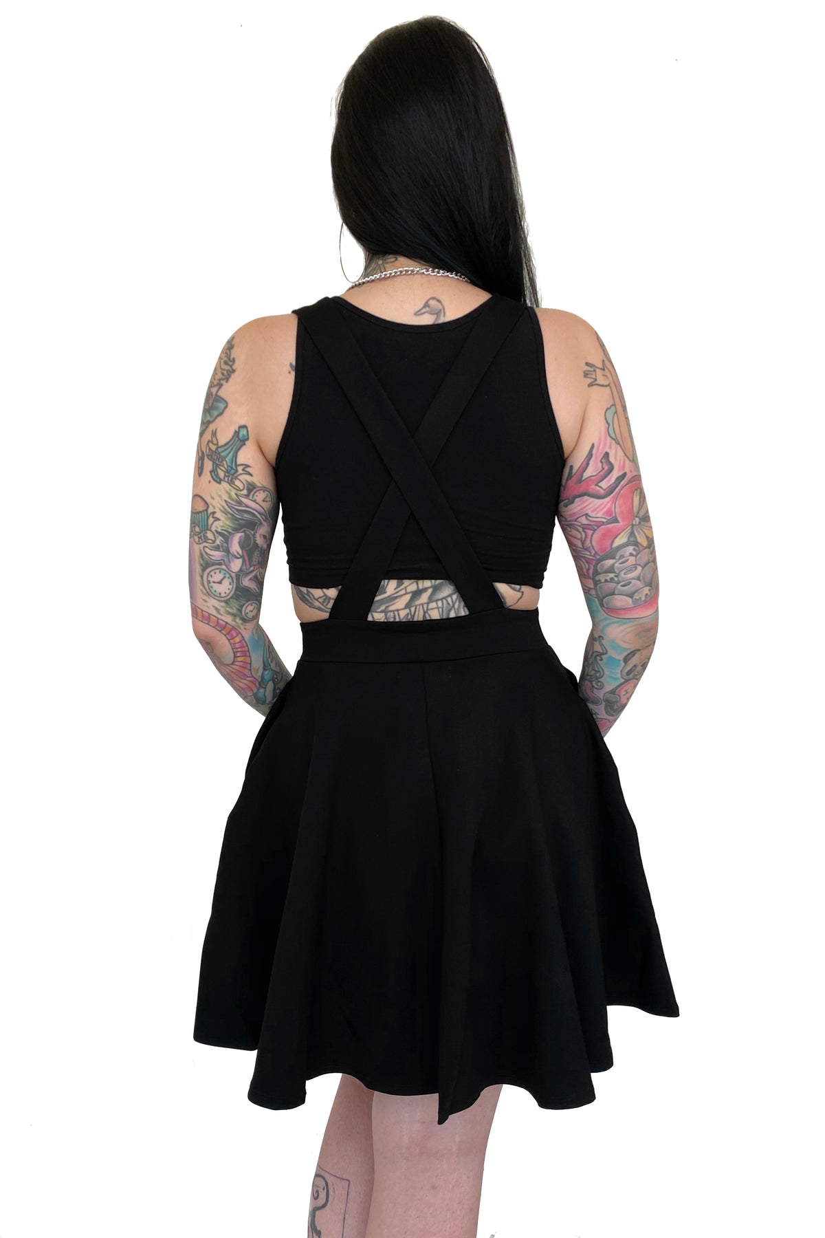 black pinafore short dress