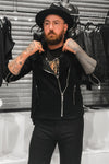 Slightly oversized stretch denim motorcycle jacket. Silver color heavy metal zippers with FOXBLOOD branding. Zipper pockets and zipper cuff detail. 