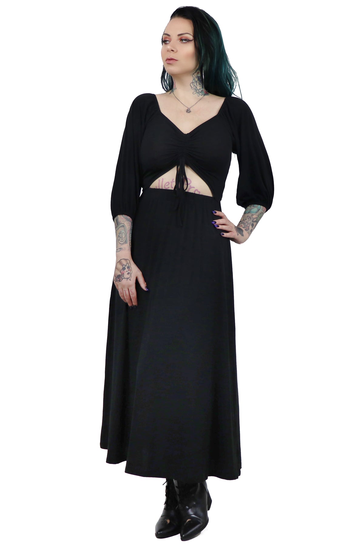 black mid length sleeve dress with drawstring ruching above stomach peephole 