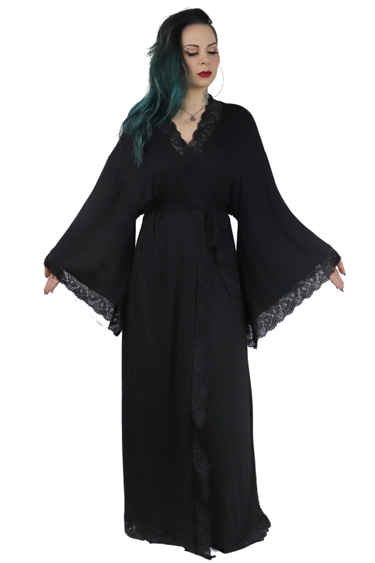 long black dressing gown bell sleeve lace cuff detail 