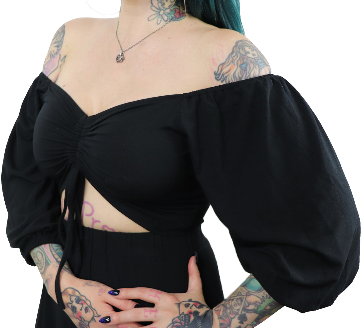 black off the shoulder dress with drawstring ruching above stomach peephole 
