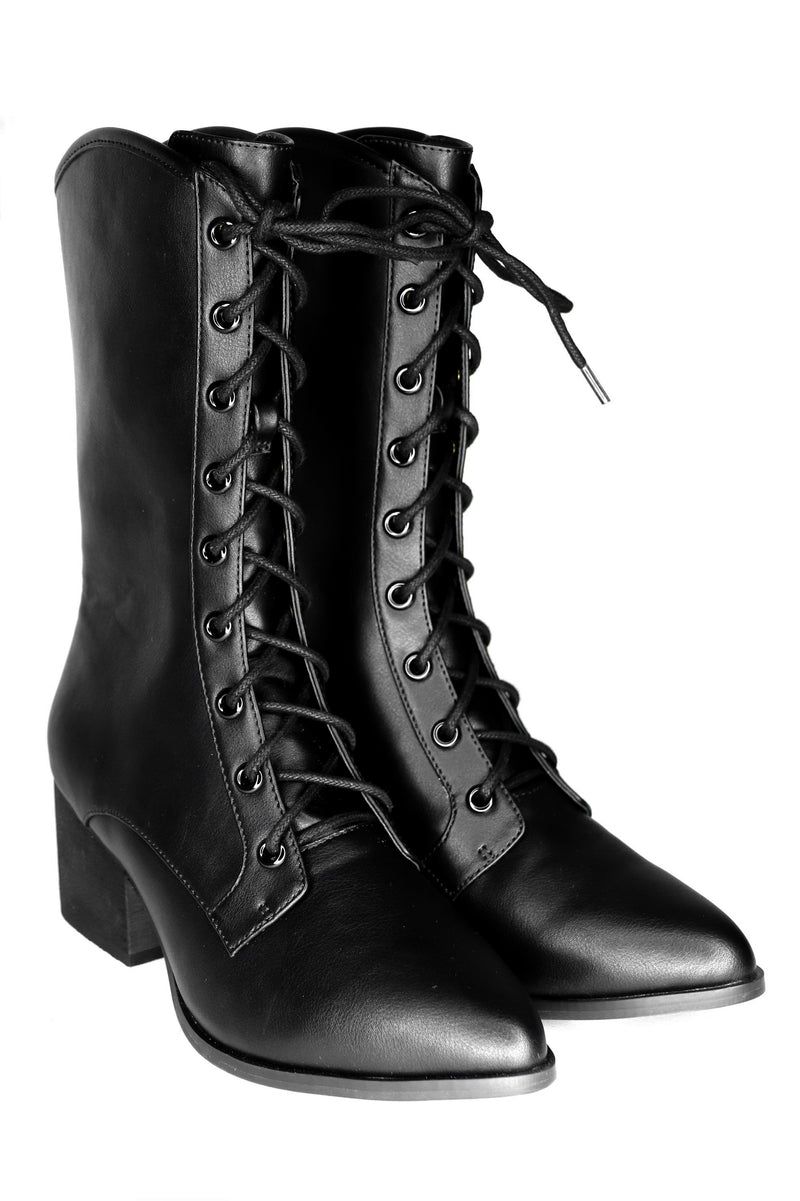 black vegan leather lace up witch boot