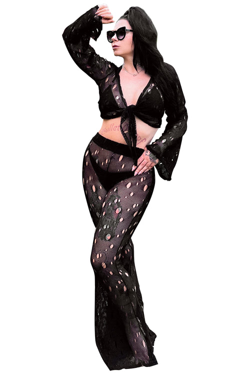 2 piece fishnet set made of a soft stretch black fishnet material. Tie front top, with loose fit bell sleeves. Elastic waist high waisted bell bottoms.