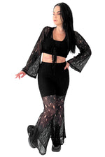 2 piece fishnet set made of a soft stretch black fishnet material. Tie front top, with loose fit bell sleeves. Elastic waist high waisted bell bottoms.