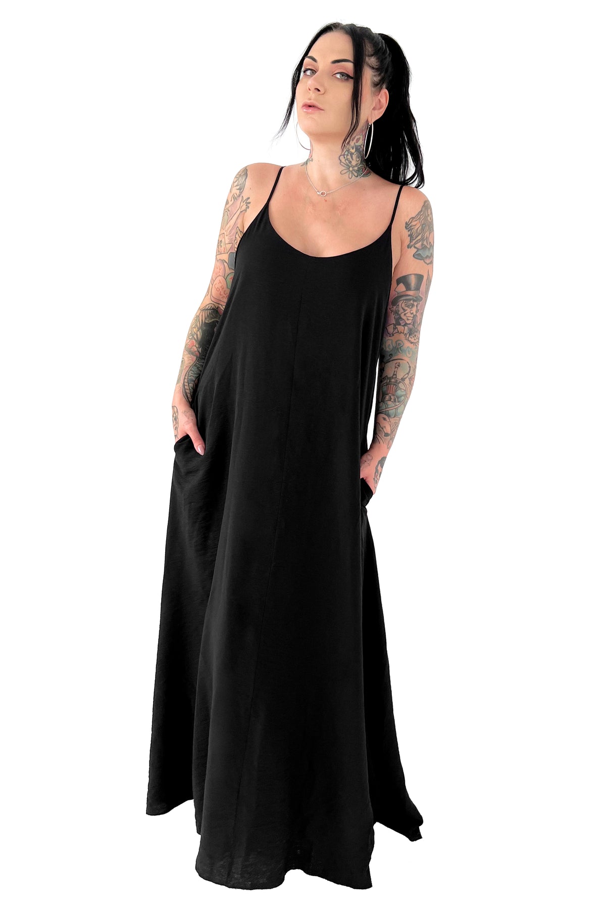 long black oversized maxi dress with spaghetti straps