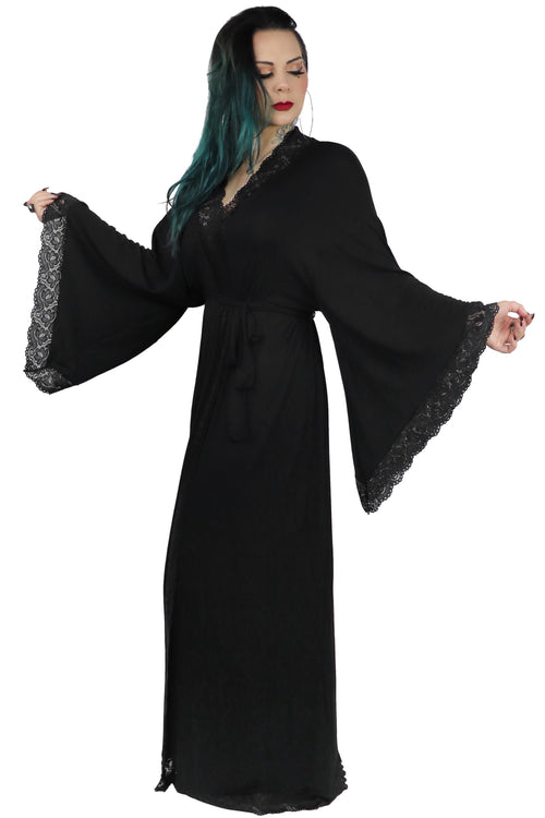 long black dressing gown lace cuff detail 