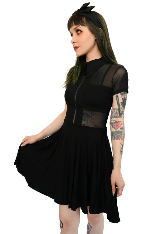 black zip up skater dress with black cross on mesh