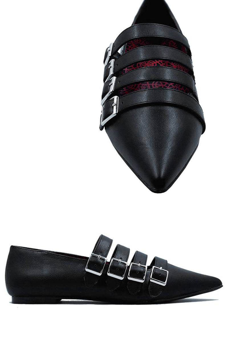black vegan leather flat shoes with four straps with metal buckles and a red design inner lining 