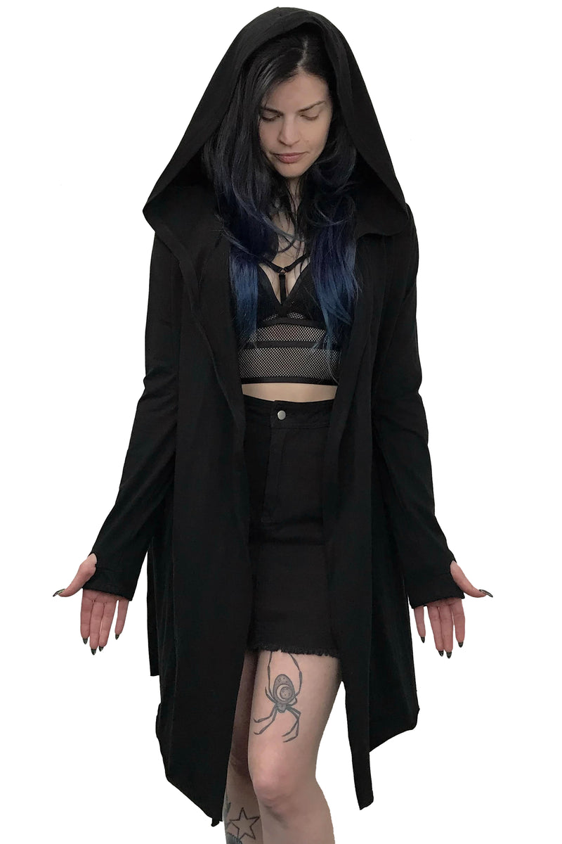soft black open front cardigan with thumbholes and loose hood