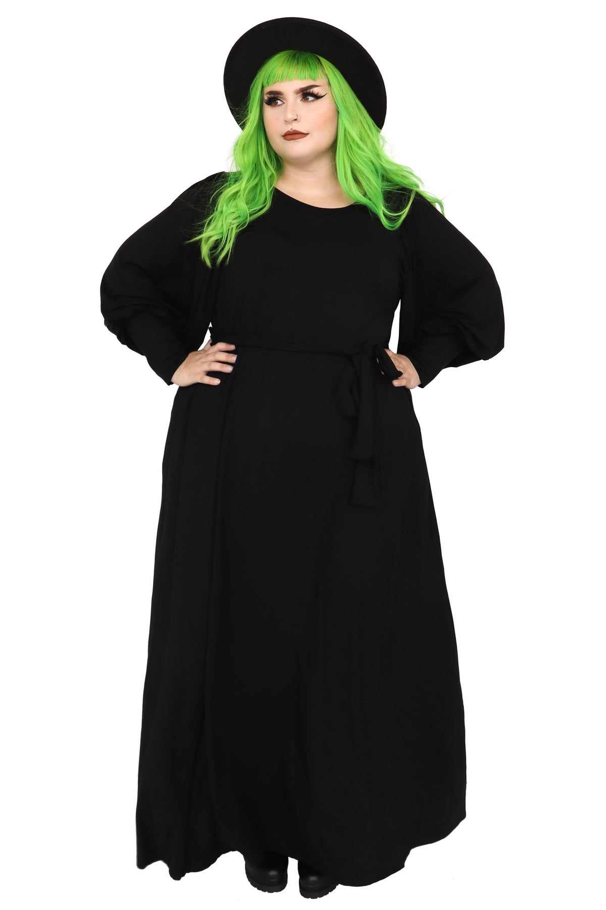 Black long sleeve floor length dress. 