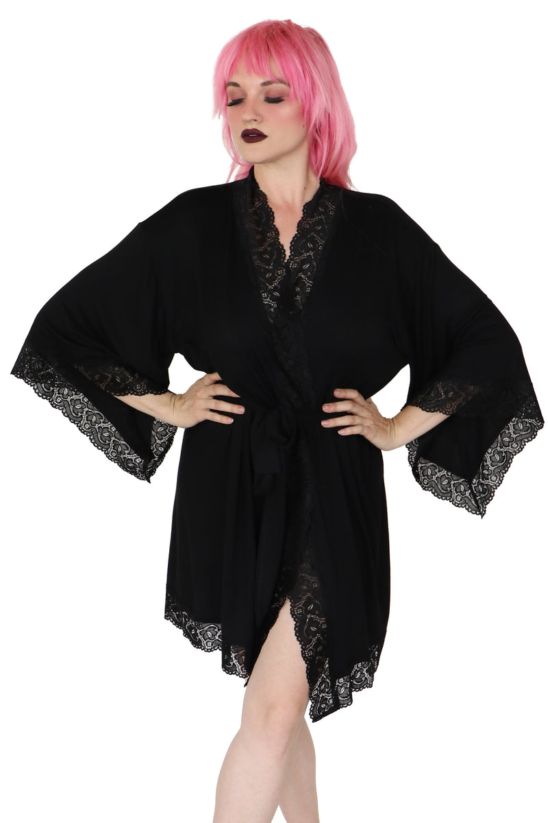 short black robe with lace trim and waist tie