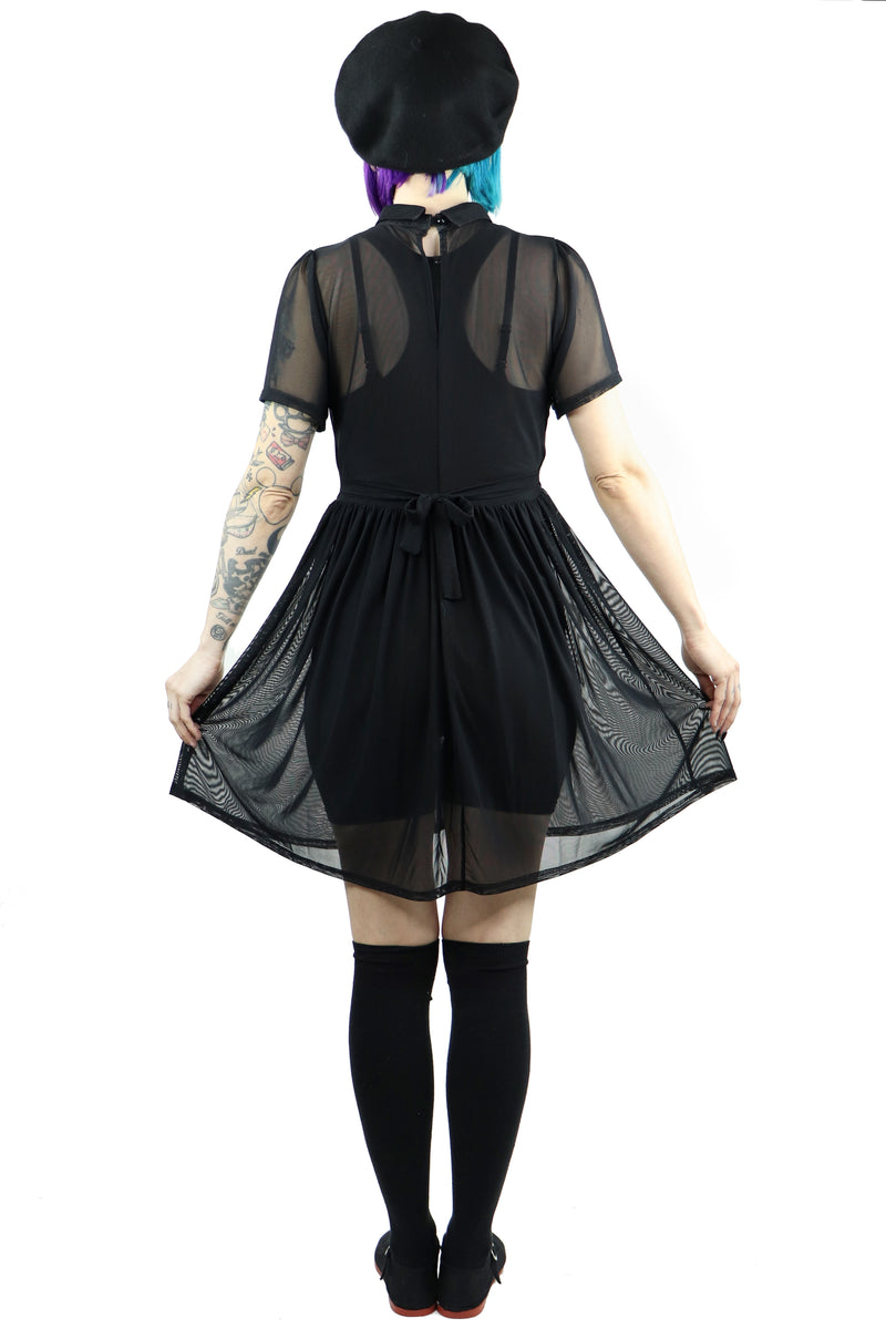 black mesh collared babydoll dress with back button closure and tie at the waist