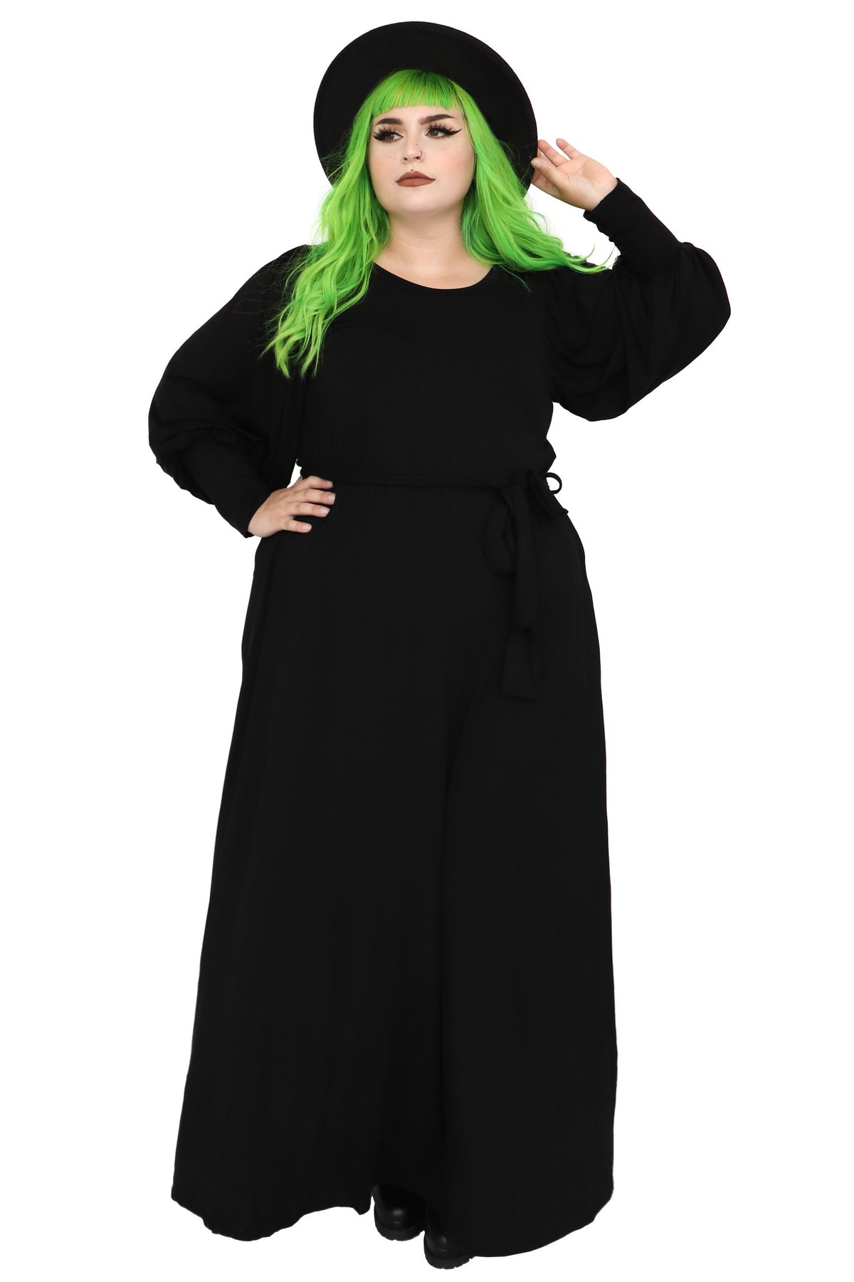 Black long sleeve floor length dress. 