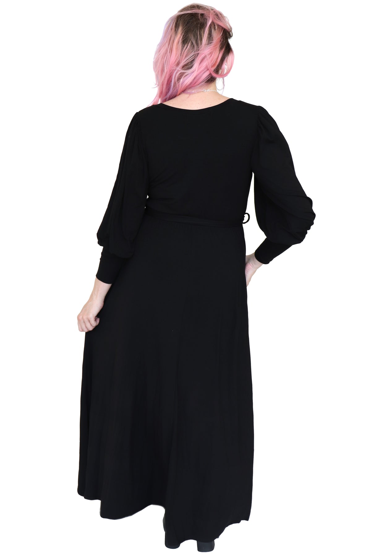 Black long sleeve floor length dress. 