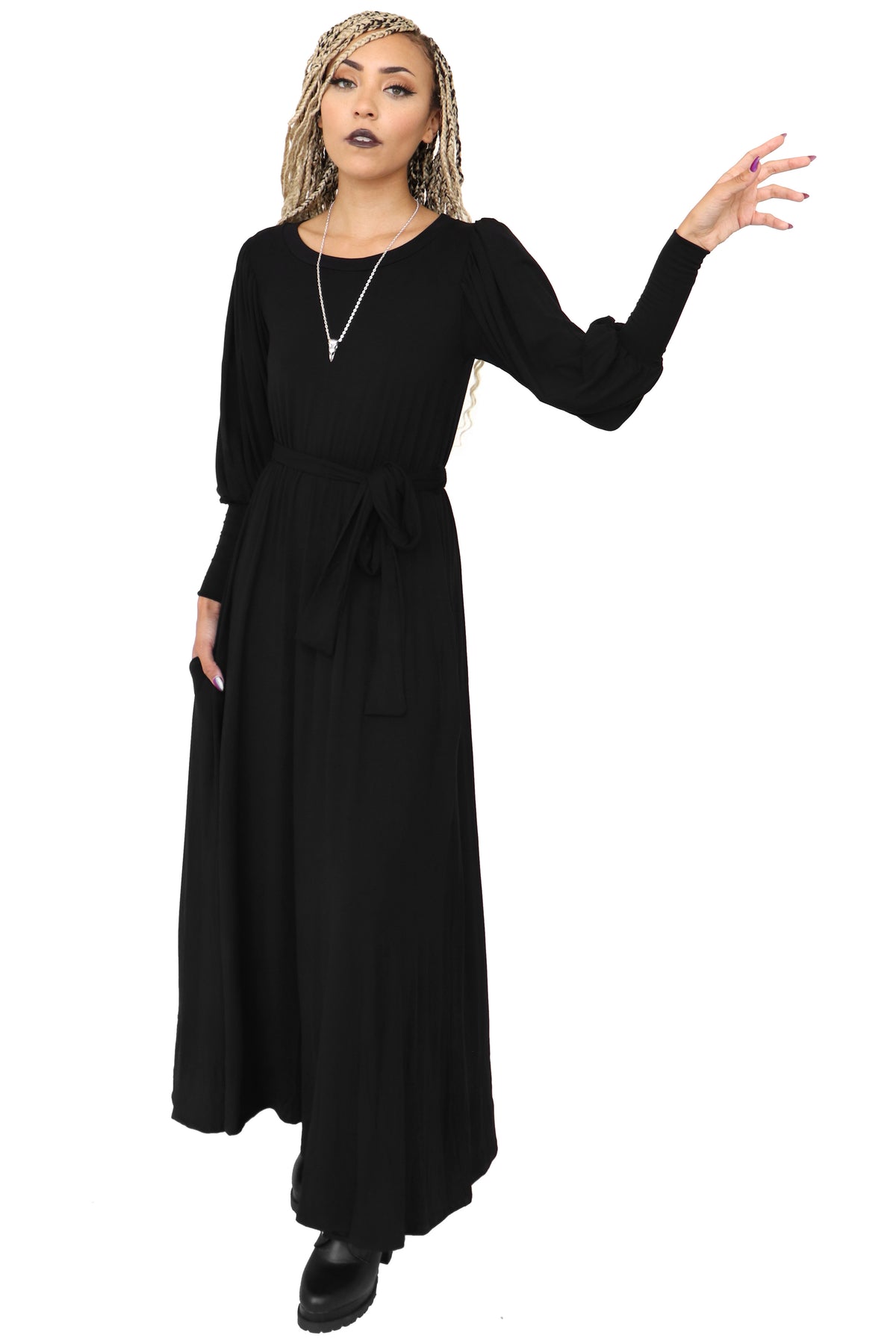 Black long sleeve floor length dress. 