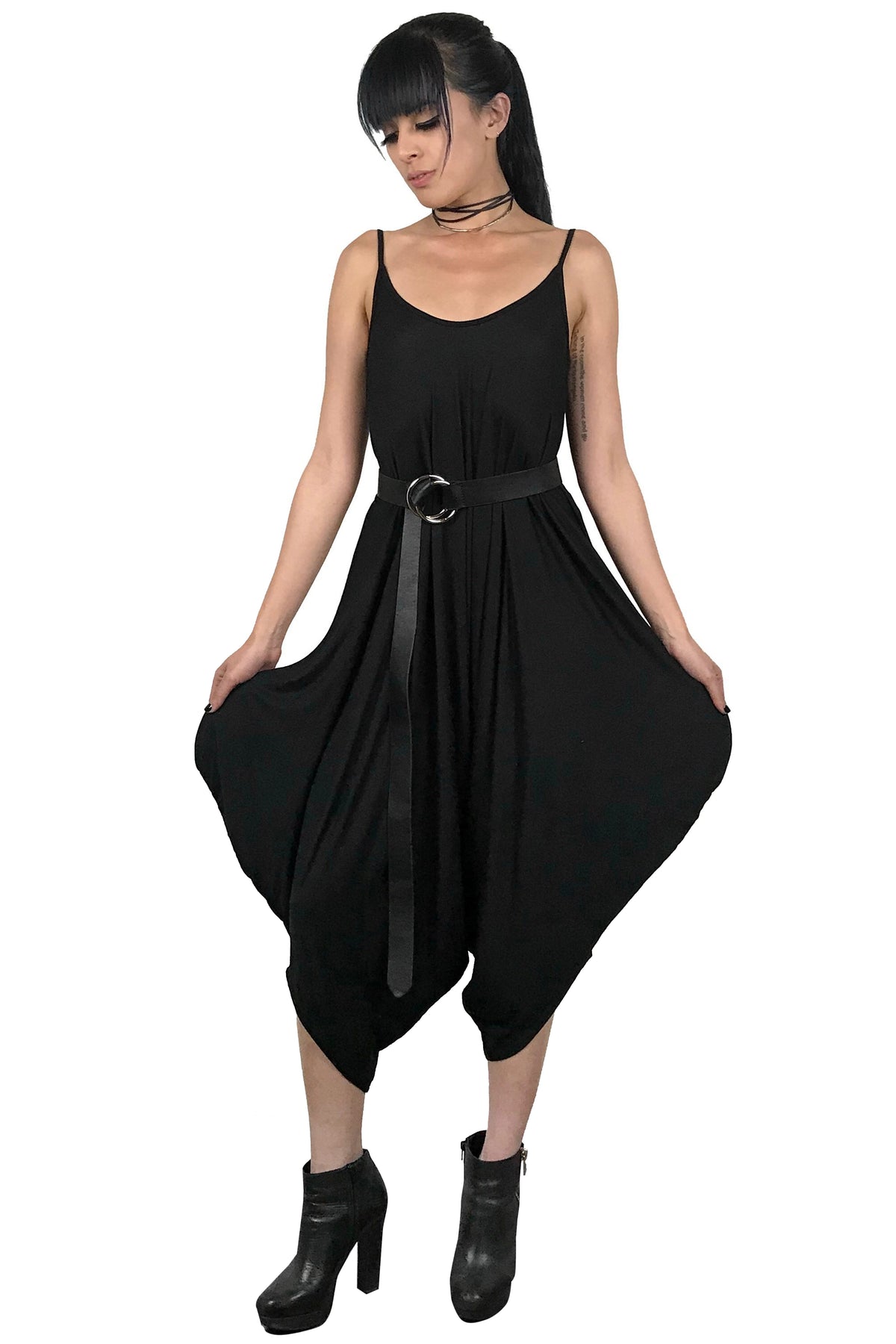 black oversized drop crotch jumpsuit with thin shoulder straps 