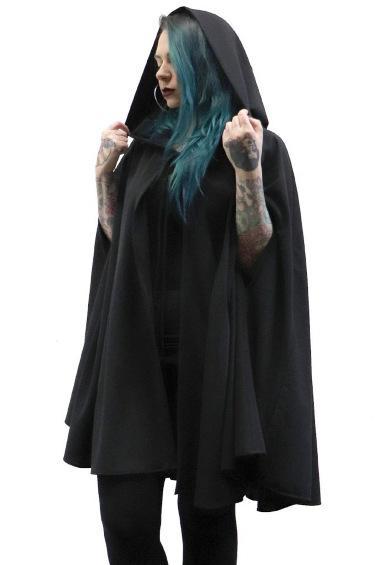 short black hooded cape 